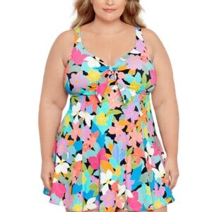 Swim Solutions Plus Tummy Control Bow-Front Printed Swimdress Size 24W 7213